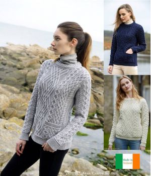 Pullover Sweater Irlandais Femme, Points Traditionnels, Maine Mérinos