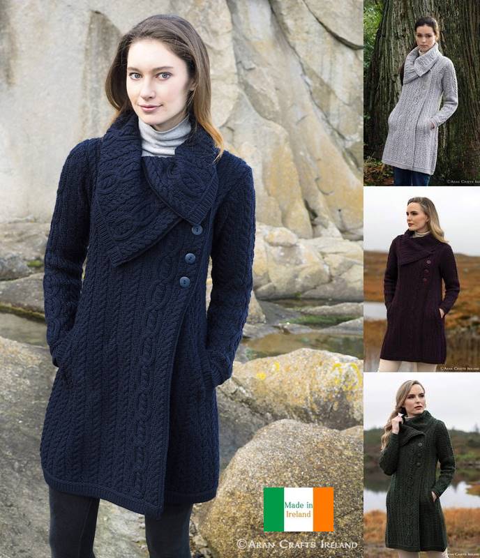 Beau Manteau Irlandais pour Femme, Grand Col Chunky, Laine Mérinos