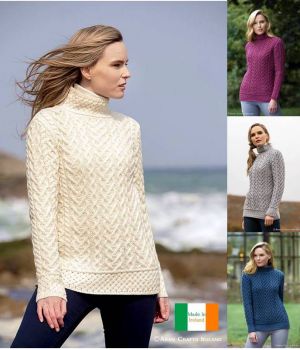 Pull Femme Irlandais, Col Roulé à Torsades, Motif Coeur et Nid d'abeille