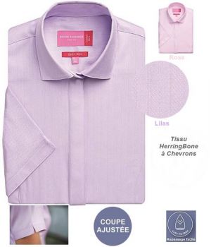 Chemisier Manches Courtes, Coupe ajustée, Coton, Herringbone à chevrons