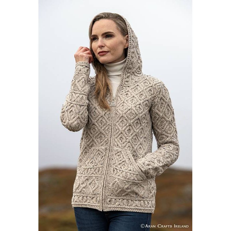 Cardigan Irlandais Aran Pour Femme En Laine Mérinos 100% - Capuche, Poches, Fermeture Zippée Celtique