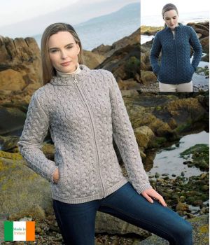 Cardigan Irlandais Femme, Gris, taille L, 100% Laine Mérinos Extra Douce