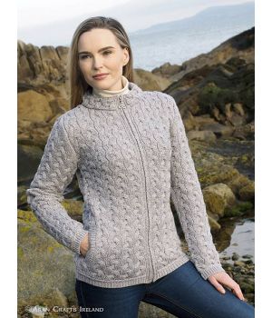 Cardigan Irlandais Femme, Gris, taille L, 100% Laine Mérinos Extra Douce.