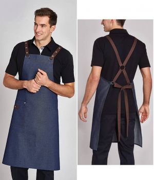 Tablier à Bavette, Style Tendance, Bleu Denim et Marron