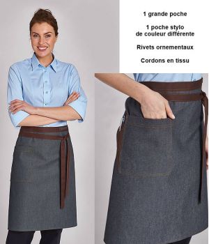 Tablier de Cuisine, Gris jean et Marron, Rivets Décoratifs