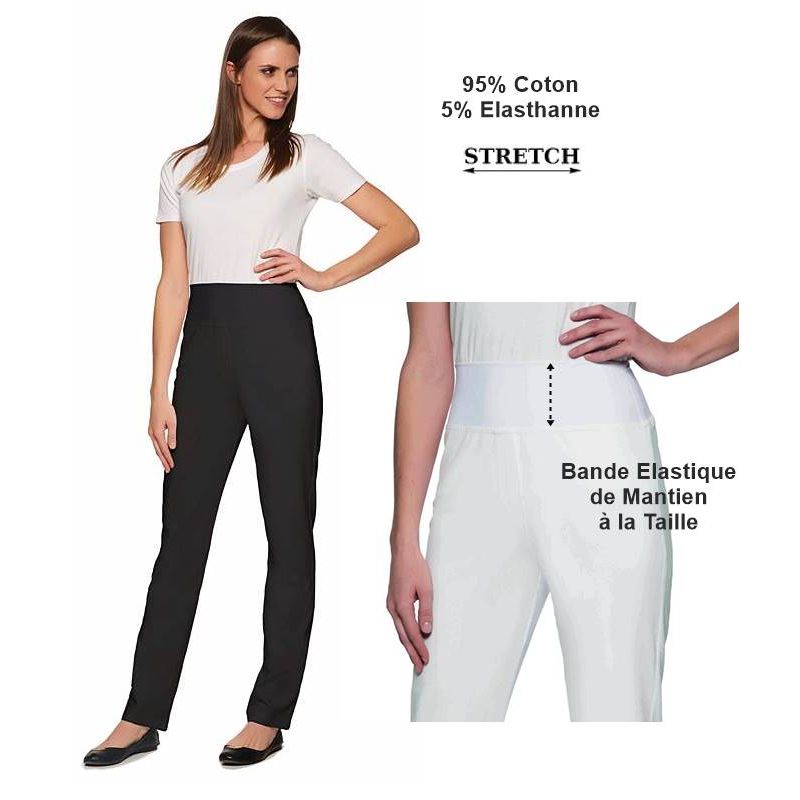 Pantalon Femme Coton Stretch, Bande Elastique de Maintien à la Taille