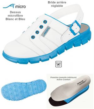 Sabots de Travail Confort, Look Jeune, Blanc et Bleu, Dessus Microfibre Sabots de Travail Confort, Look Jeune, Blanc et Bleu, Dessus Microfibre