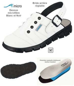 Sabots de Travail Confort, Look Jeune, Blanc et Noir, Dessus Microfibre Sabots de Travail Confort, Look Jeune, Blanc et Noir, Dessus Microfibre