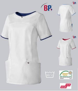 Blouse Médicale Femme BP®, Col Arrondi, Blanc et Touches de Couleur 