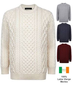 Magnifique Pull Irlandais Femme et Homme, Col rond, 100% Laine Vierge Merinos