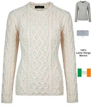 Magnifique Pull Irlandais Femme Point Torsade, 100% Laine Vierge Merinos