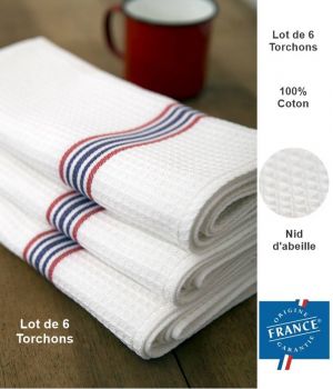 Torchons Traditionnels Nid d'abeille, Fabrication Française, 100% Coton, Le pack de 6