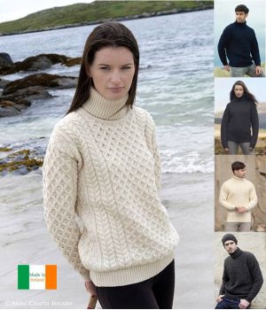 Pull Irlandais pour femme et homme, Col roulé, Laine Mérinos extra douce