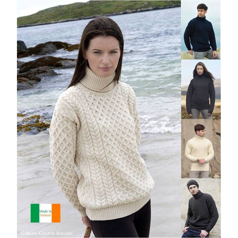 Pull Irlandais pour femme et homme, Col roulé, Laine Mérinos extra