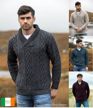 Pull Irlandais pour Homme, Col châle, 100% Laine Mérinos