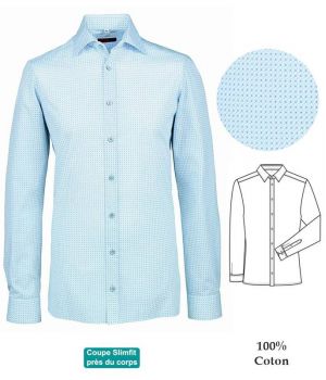 Chemise Homme, Manches longues, Coupe Slimfit, Bleu clair à motifs