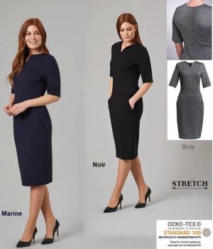 Robe Jersey Stretch, Col Cranté, Manches Demi, Deux Poches