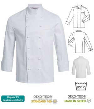 Veste de Cuisine Blanche, Manches Longues, PolyCoton, Poche poitrine