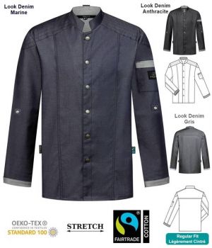 Veste de Cuisine, Style Biker, Look Denim, Boutons Pression Métalliques