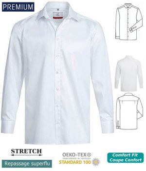 Chemise Manches Longues Blanc, Coupe Comfort Fit, Coton et Stretch