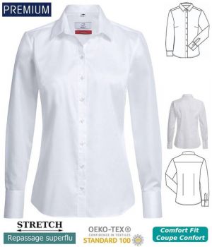 Chemisier Manches Longues Blanc, Coupe Comfort Fit, Coton et Stretch
