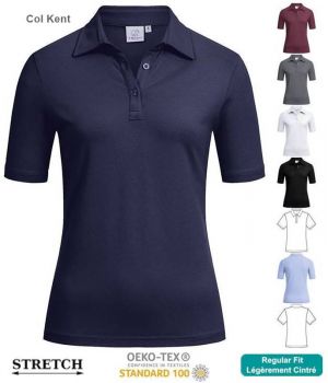 Polo Femme, Manches courtes, Col Chemise Kent, Stretch