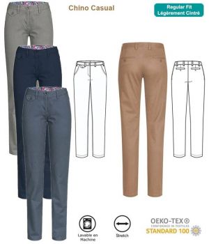 Pantalon Chino Femme, Coupe Regular Fit Légèrement cintrée, Coton et Stretch