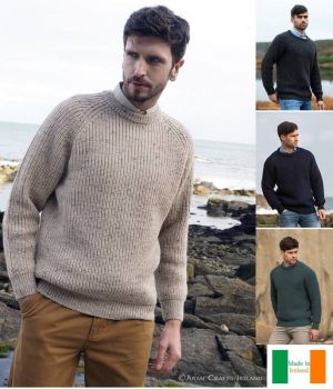 Pullover Homme Ras de Cou, Pull Irlandais Traditionnel, Pure Laine Vierge