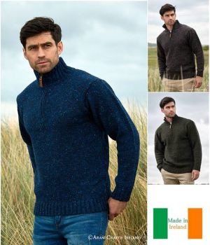 Pullover Irlandais Homme, Col montant zippé, Laine Donegal chinée