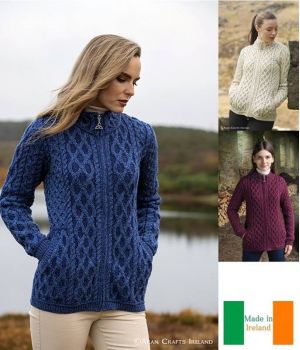 Cardigan Femme Irlandais, Fermeture à Zip, Laine Mérinos Extra Douce