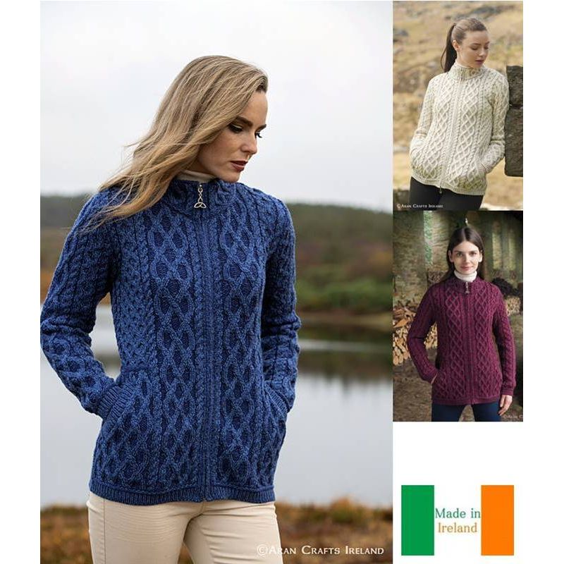 Cardigan Femme Irlandais, Fermeture à Zip, Laine Mérinos Extra Douce