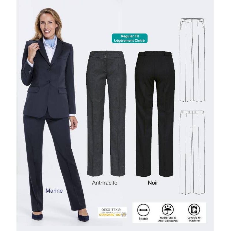 Pantalon Femme, Coupe droite, Confort Laine vierge, Polyester et Stretch,  Lavable