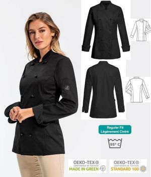 Veste de Cuisine Femme, Noire, Coupe Regular fit, Poche sur manche