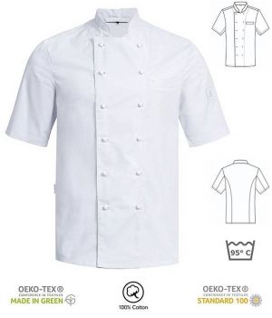 Veste de Cuisine Blanche, Manches Courtes, 100% Coton, Poche poitrine