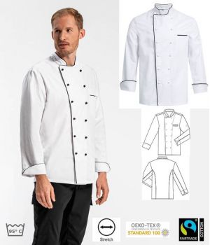 Veste de Cuisine Blanche avec Passepoil noir, Poche poitrine, Orifices ventilation