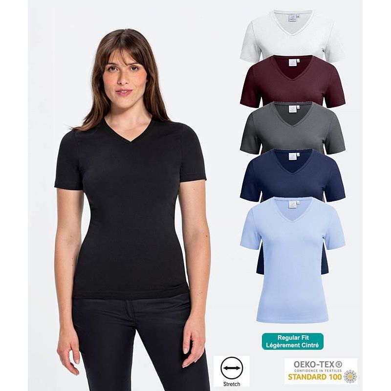 Tee-Shirt Femme, Coupe Regular Fit, Col en V, Coton et Stretch