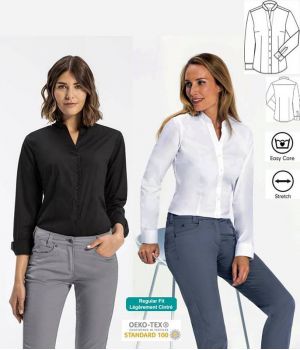 Chemisier Manches Longues, Col Relevé, Décolleté en V, Stretch