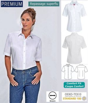 Chemisier Manches Courtes Blanc, Coupe Comfort Fit, Coton et Stretch