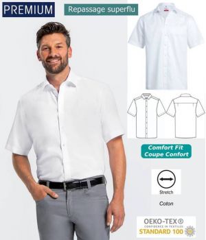 Chemise Manches Courtes Blanc, Coupe Comfort Fit, Coton et Stretch