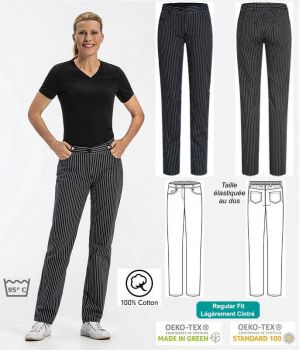 Pantalon Femme de Cuisine et de Service, Rayures Noir et Blanc, Coton