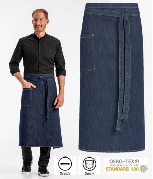 Tablier bistro style Jeans Bleu Denim, coutures contrastées et rivets, Coton Stretch