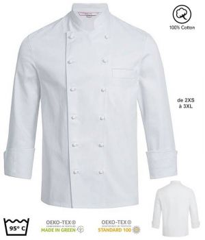 Veste de Cuisine Blanche, Manches Longues, 100% Coton, Poche poitrine