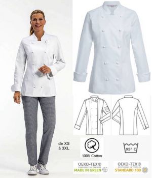 Veste de Cuisine Femme, Blanche, Coupe Regular fit, Poche sur manche