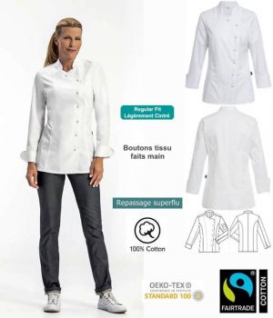 Veste de Cuisine Femme, Boutons en Tissu Faits Main, Coupe Regular Fit