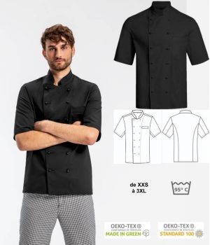 Veste de Cuisine Noire, Manches Courtes, PolyCoton, Poche poitrine