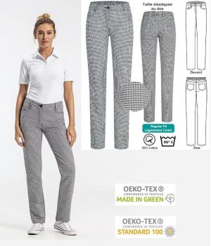 Pantalon Femme de Cuisine et de Service, Pepita Noir et Blanc, Coton