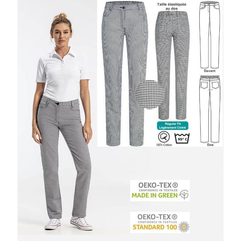 Pantalon Femme de Cuisine et de Service, Pepita Noir et Blanc, Coton