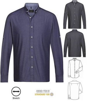 Chemise Homme Look Denim, Col à Pointes Boutonnées, Stretch