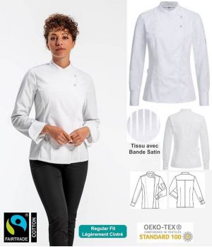 Veste de Cuisine Femme avec Bandes Satin, 2 Boutons pression Nacrés