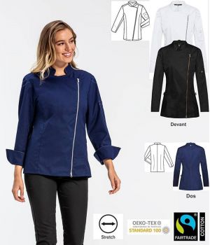 Veste de Cuisine Femme, Fermeture à Glissière Diagonale, Stretch